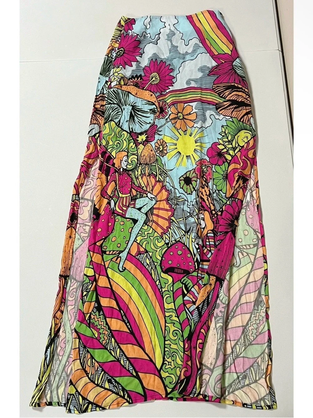 Current Mood Pink Trippy Mushroom Fairy Split-Leg Maxi Skirt Bottoms Size XXS 🍄✨
